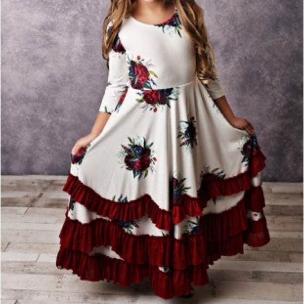 White and Wine Ruffle dress for girls